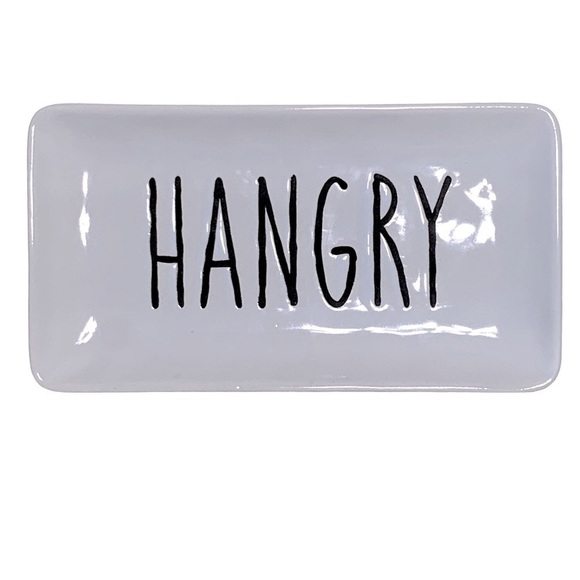 Yummy Rectangle Dish Tray Rectangle Fun Phrase Hangry Heavy Ceramic White Black - Picture 1 of 13